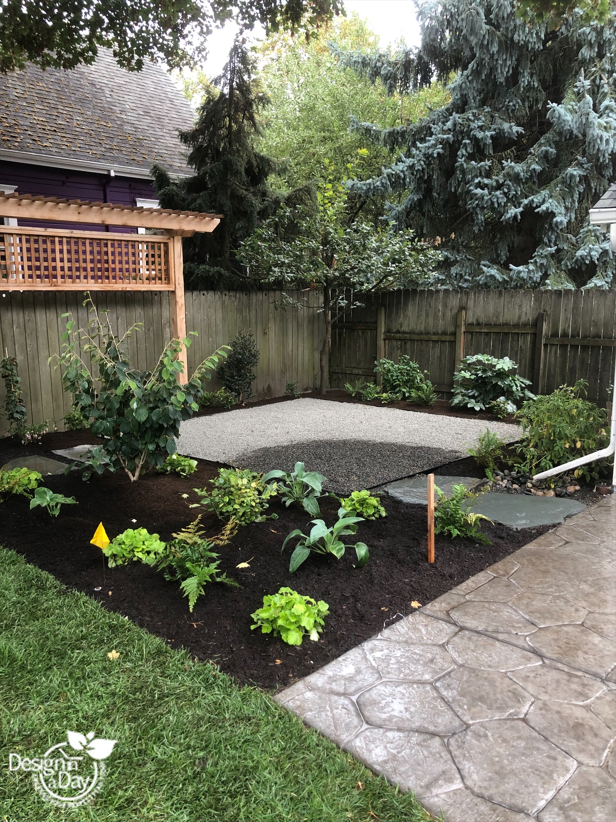 2 Patios with privacy screen are loosely connected with flagstone stepping stones in Portland, Oregon.