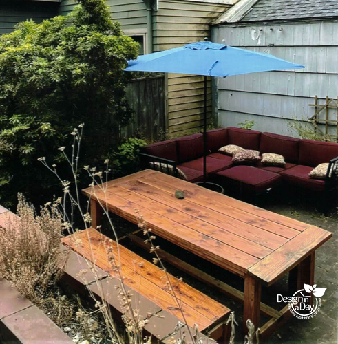 Challenging Portland landscape design for outdoor living included large table and sitting area on client's wish list.