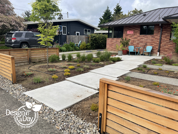 Portland front yard includes rain garden and pollinator friendly garden plants in this landscape design.